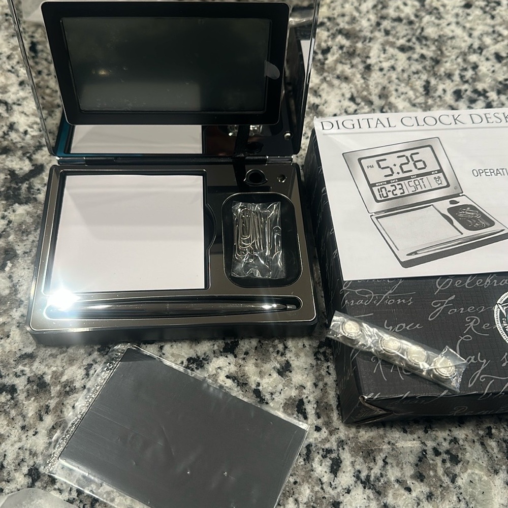 New in Box Digital Clock Desk Set with engrave-able plaque; grad/office gift